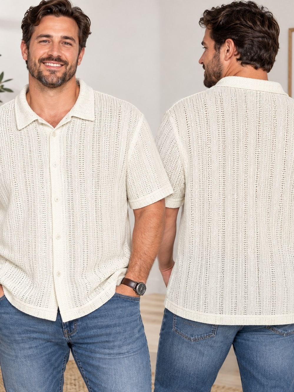 Original Use XL Light Tan Open Knit Button Up Shirt Contemporary Casual Coastal